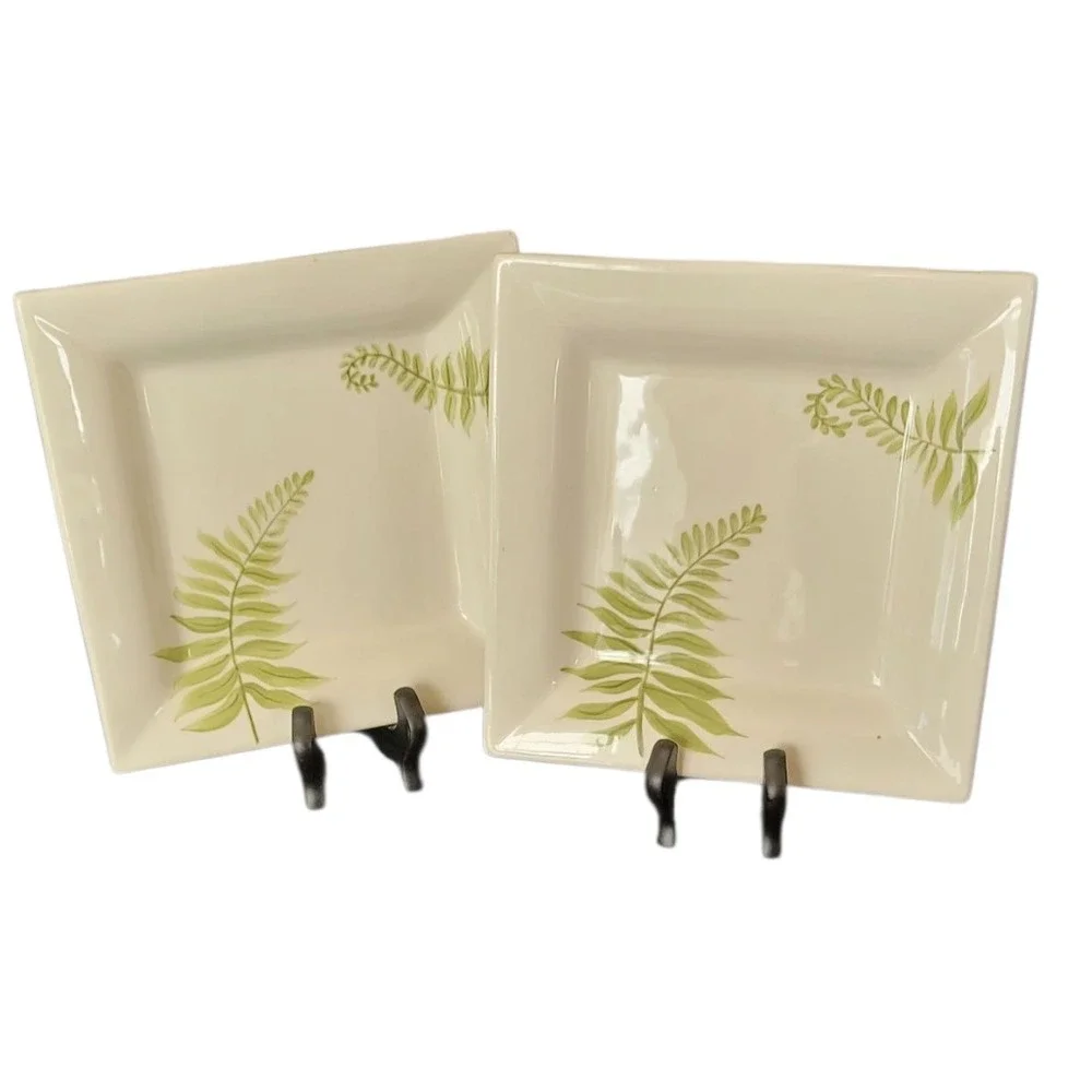 Pottery Barn Fern Square Plate Botanical‎ Leaves Modern Dinnerware RARE EUC